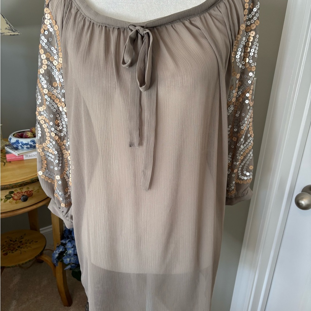 INC International Concepts Beautiful Taupe Blouse with sequin details